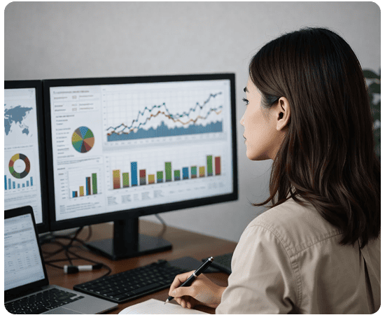 Data analyst professional working with charts